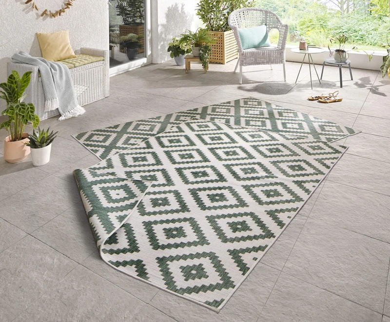 NORTHRUGS Outdoor Rug Malta Reversible Rug Weatherproof Modern Geometric Pattern Runner for Balcony Patio Garden Conservatory Living Room Rug Waterproof Polypropylene Green Cream 160 x 230 cm - Image 1