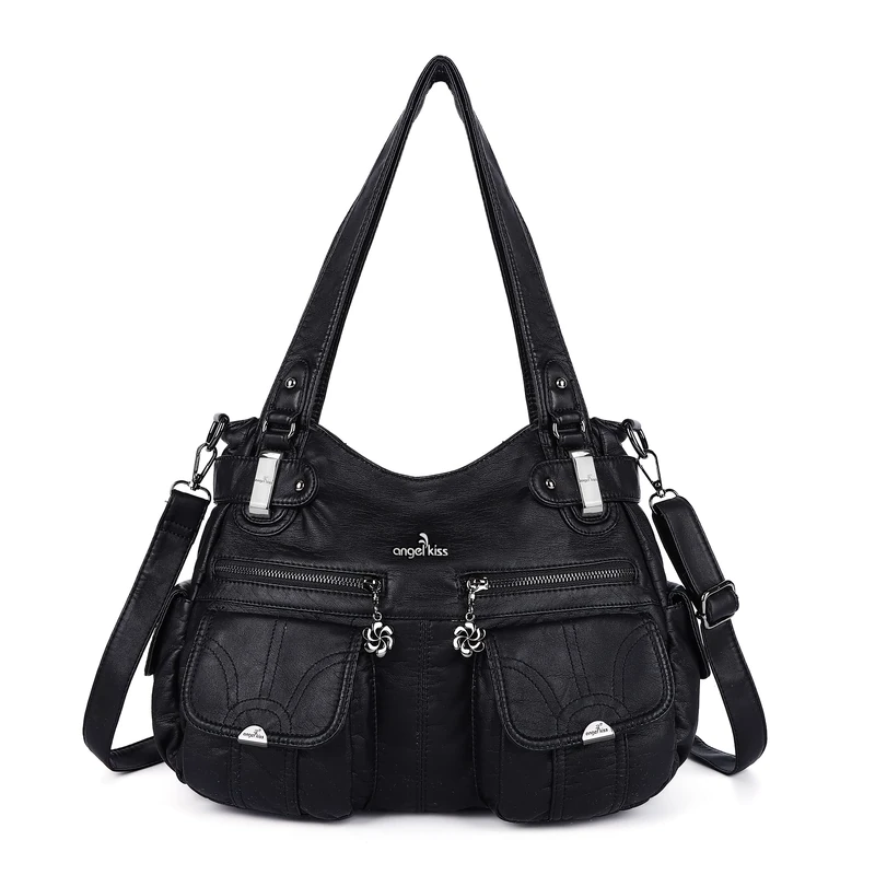 Angel Kiss Women Top Handle Satchel Handbags Purse Shoulder Bag - black -
