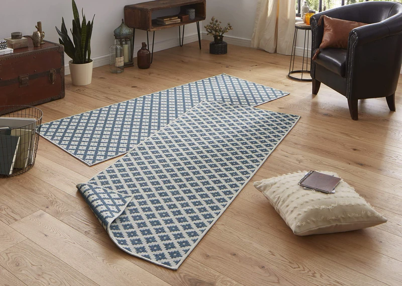 NORTHRUGS Indoor and Outdoor Rug Nizza 80 x 250 cm - Reversible Rug Weatherproof Modern Geometric Pattern Runner for Balcony Patio Garden Conservatory Living Room Rug Waterproof in Blue Cream
