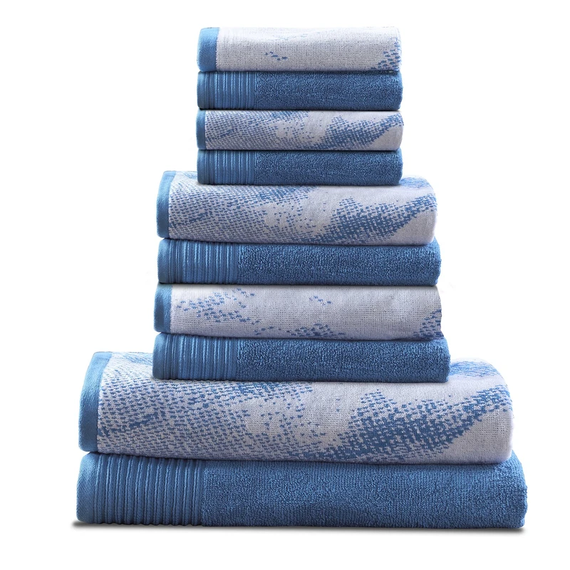 Superior Cotton 10 Piece Assorted Solid and Marble Towel Set, Includes 2 Bath, 4 Hand, 4 Washcloths/Face Towels, Soft, Absorbent, Decorative Bathroom Accessories, Home Essentials, Blue