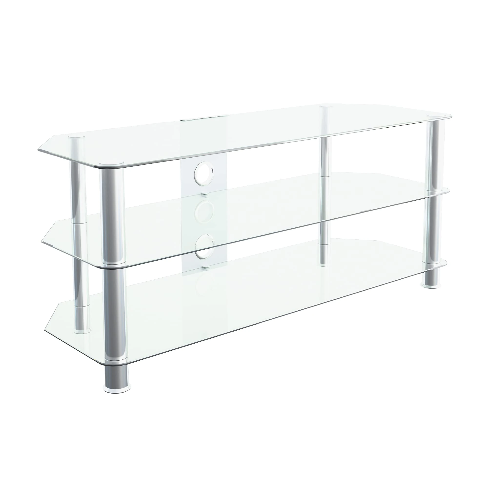 MAHARA Corner TV Stand – Universal TV Unit 114cm wide with Clear Glass Shelves and Cable Management – TV Floor Stand Suitable for up to 55” TVs and Max Weight 45Kg
