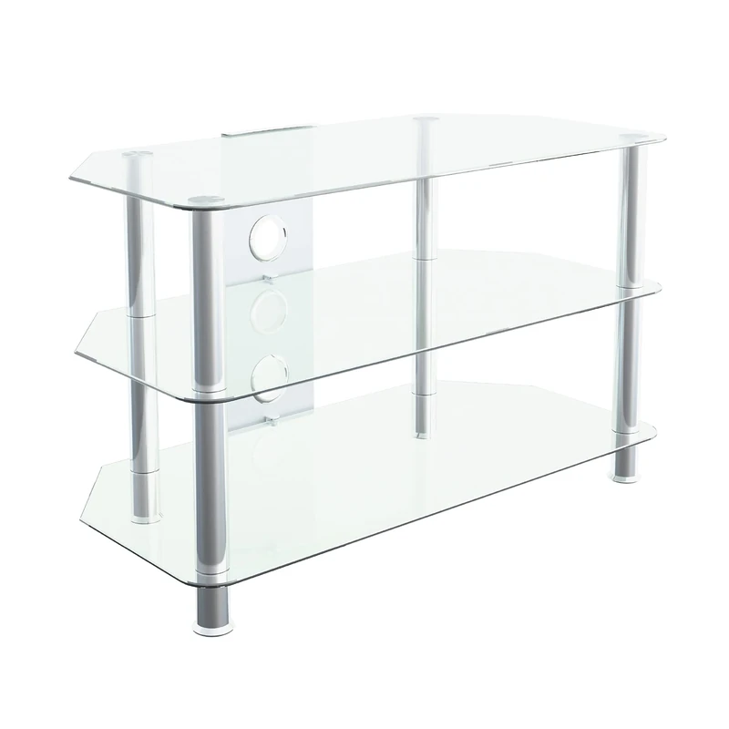 MAHARA Glass Corner TV Stand – Universal Clear TV Unit 80cm wide with Glass Shelves and Cable Management – TV Floor Stand Suitable for up to 42” TVs and Max Weight 40Kg