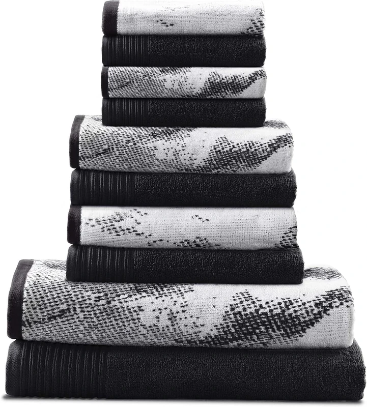 Superior Cotton 10 Piece Assorted Solid and Marble Towel Set, Includes 2 Bath, 4 Hand, 4 Washcloths/Face Towels, Soft, Absorbent, Decorative Bathroom Accessories, Home Essentials, Black