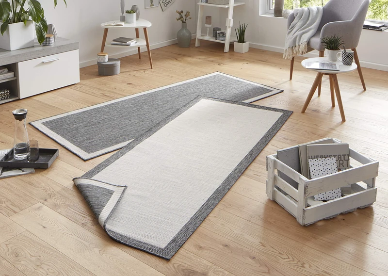 NORTHRUGS Panama Indoor and Outdoor Rug 80 x 350 cm Reversible Rug Weatherproof Modern Plain Design with Border Runner for Balcony Patio Garden Conservatory Living Room Waterproof in Grey Cream