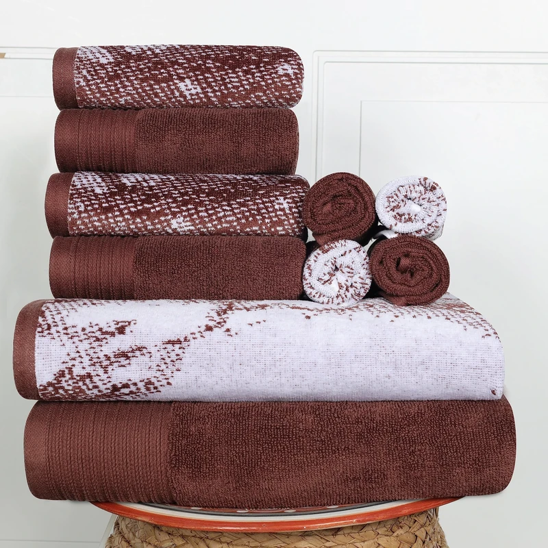 100% Cotton Marble Effect 10-Piece Towel Set, Solid and Luxurious Marble Jacquard, Super Soft, Plush and Absorbent, 2 Bath Towels, 4 Hand Towels, 4 Wash Cloths - Brown