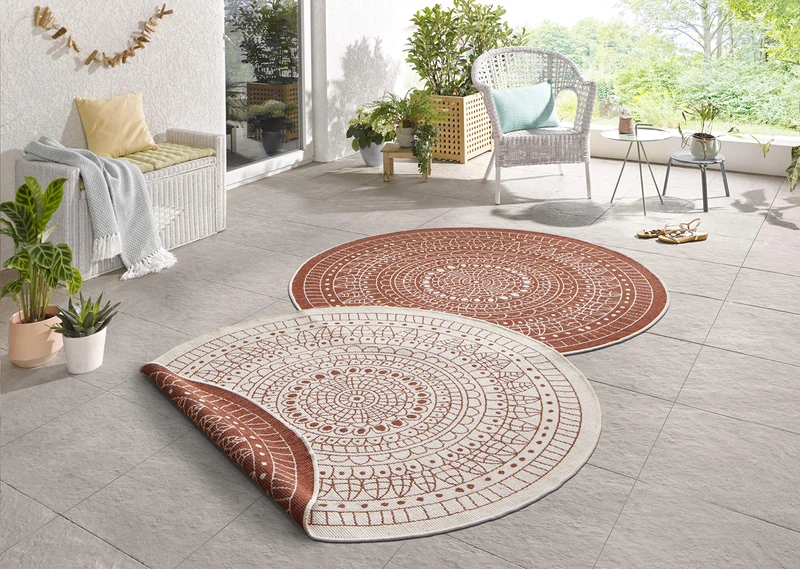 Northrugs Porto Indoor and Outdoor Rug Round - Round Reversible Rug Waterproof Mandala Design Flat Weave Rug Weatherproof for Balcony, Patio, Garden, Living Room in Terra Cream, Diameter 140 cm