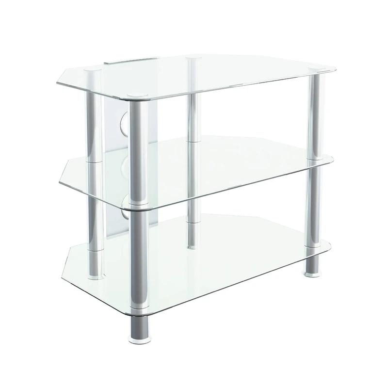 MAHARA Glass Corner TV Stand – Universal Clear TV Unit 60cm wide with Glass Shelves and Cable Management – TV Floor Stand Suitable for up to 32” TVs and Max Weight 35Kg
