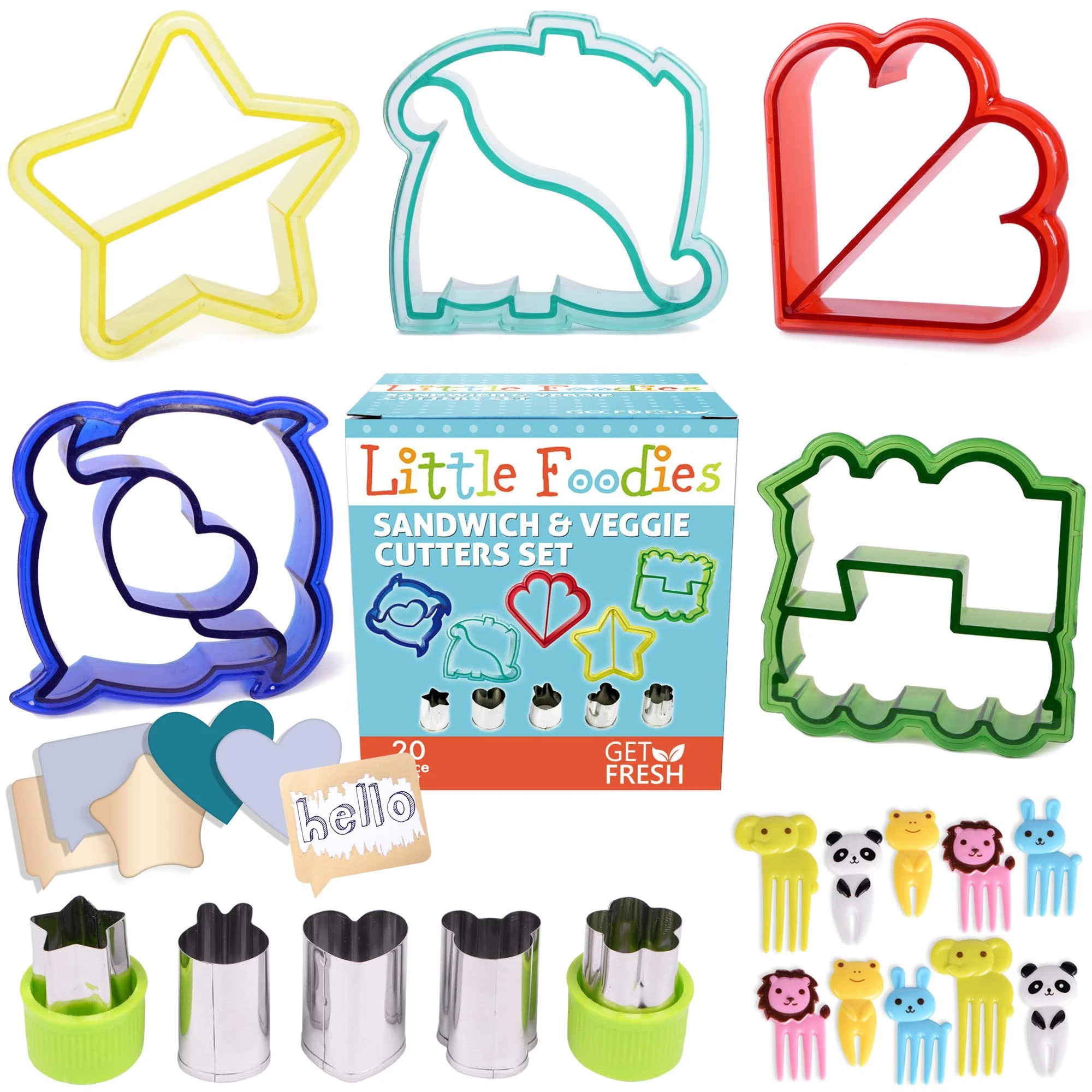 GET FRESH Sandwich & Veggie Cutter Set with 5 Shapes, 20 Pieces - Includes Cookie Cutters, Bento Decorations, Durable, Food Grade, Dishwasher Safe