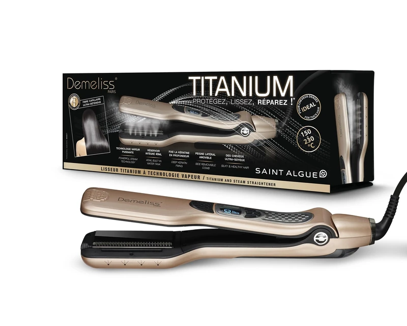 SAINT ALGUE Demeliss Titanium - Professional Titanium Wide Straightener with Steam Technology, for All Hair Types, Temperature from 150 ° to 230 °, 40 ml Water Tank - Gold / Black