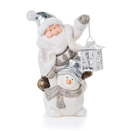 EUROCINSA Set of 2 Santa and Snowman Figures with Lantern 28 x 20 x 38 cm 2pcs, Polyresin, White/Silver, One Size