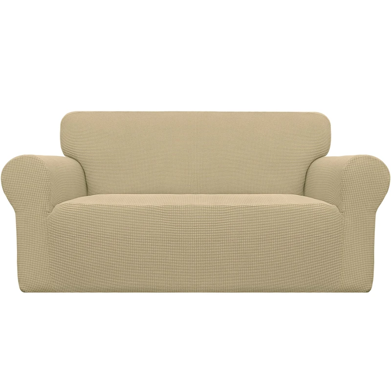 Easy-Going Stretch Sofa Slipcover 1 Piece Sofa Cover Furniture Protector Sofa Soft with Elastic Bottom Non-Slip Foam Kids Spandex Jacquard Fabric Small Checks (Loveseat, Beige)