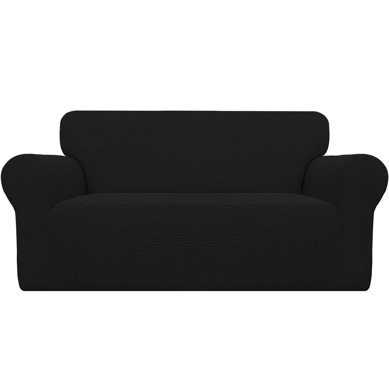 EasyGoing Stretch Couch Cover 1 Piece Furniture Protector Soft Elastic Bottom for Kids Polyester Spandex Jacquard Fabric Fine Checkered Loveseat Black