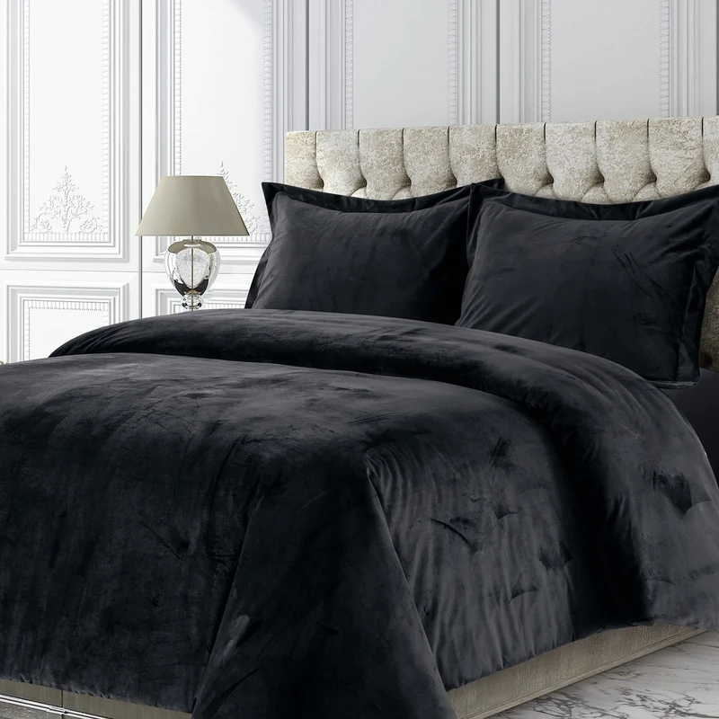 Tribeca Living VENICEDUVETQUBL Venice Velvet Oversized Solid Duvet Set, Queen, Black