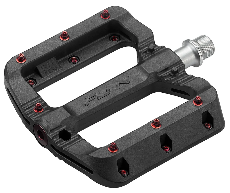 Funn Black Magic Plastic Flat Mountain Bike Pedal Set - Lightweight Wide Platform Bicycle Pedals for Stability, 9/16-inch CrMo Axle Bike Pedals for MTB/BMX/Urban/Gravel Riding (Red Pins)