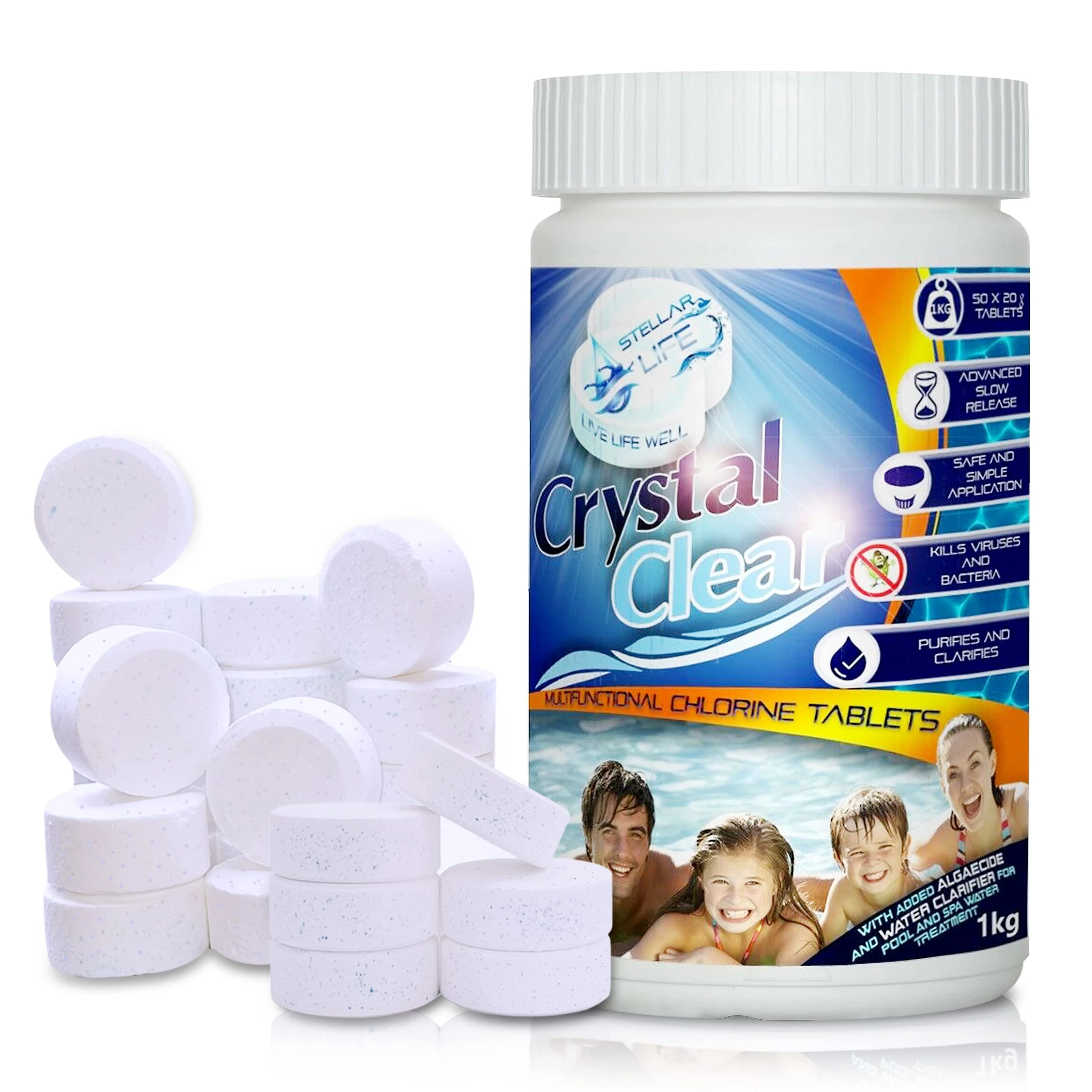 CRYSTAL CLEAR 4in1 Multifunction Chlorine Tablets for Hot Tubs, Spa, Swimming Pools. 1kg 50 x 20g Spas Paddling Pool Hot Tub Chlorine Tablets