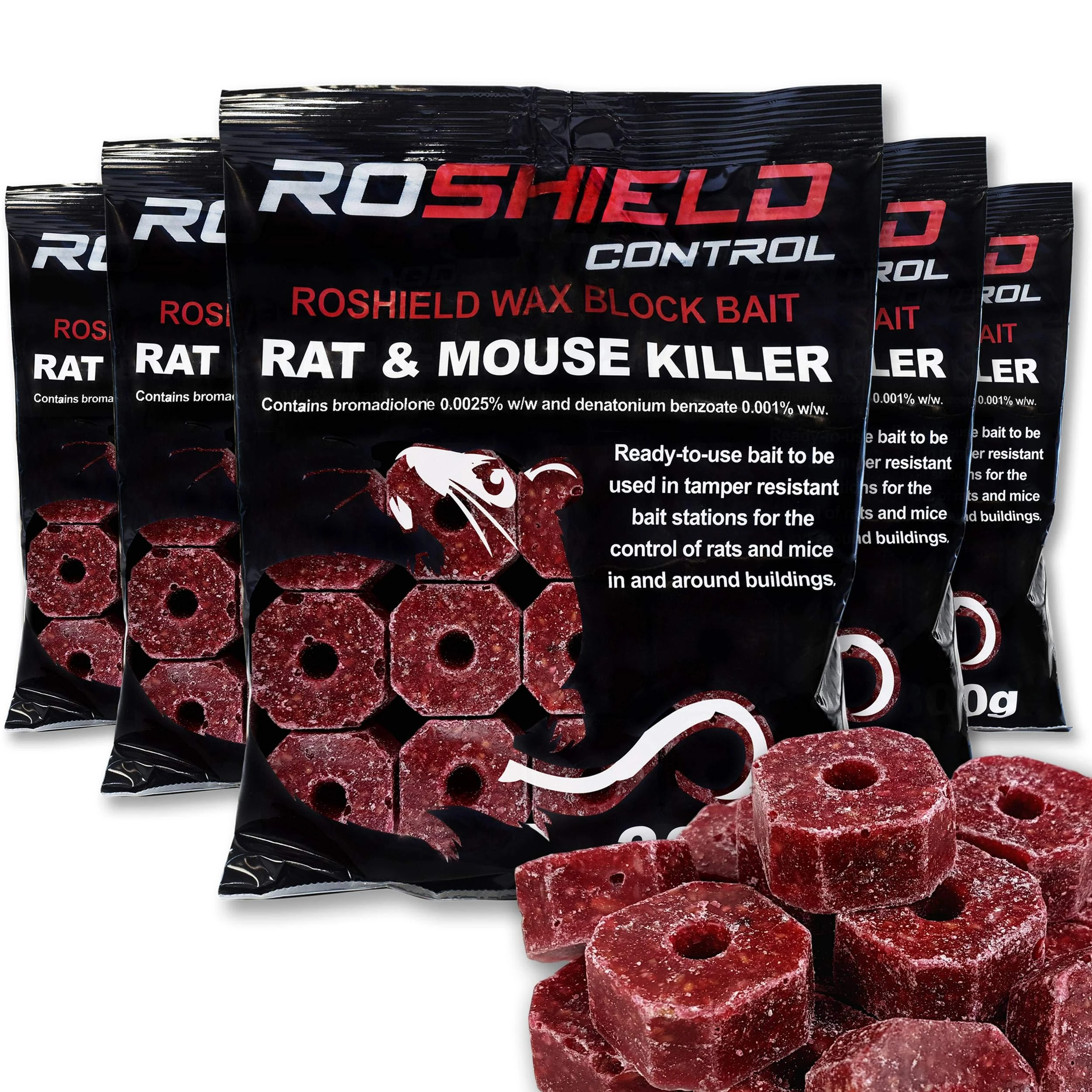 ROSHIELD 1.5kg Wax Block Bait for Rat & Mouse Killer Poison Control - Indoor, Outdoor All-Weather Rodent Bait Station Refill Packs (300g x 5 Packs)