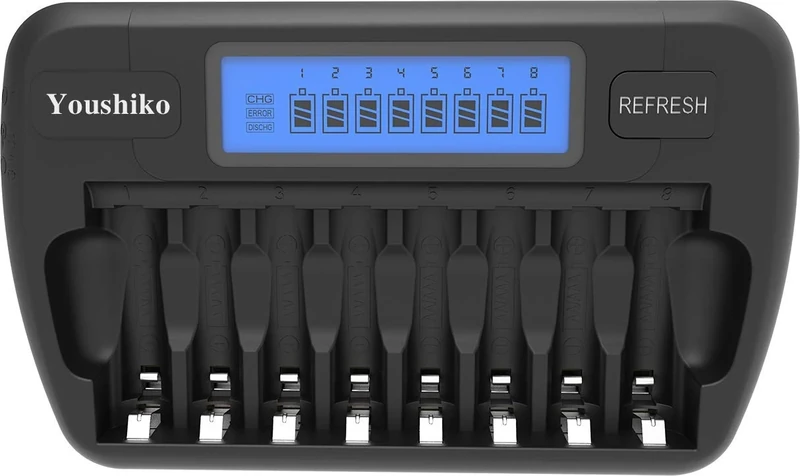 Youshiko YC800 Intelligent Battery Charger Official 2026 UK Version for 8 x AA/AAA batteries Including Car 12V Adapter Discharging Protection