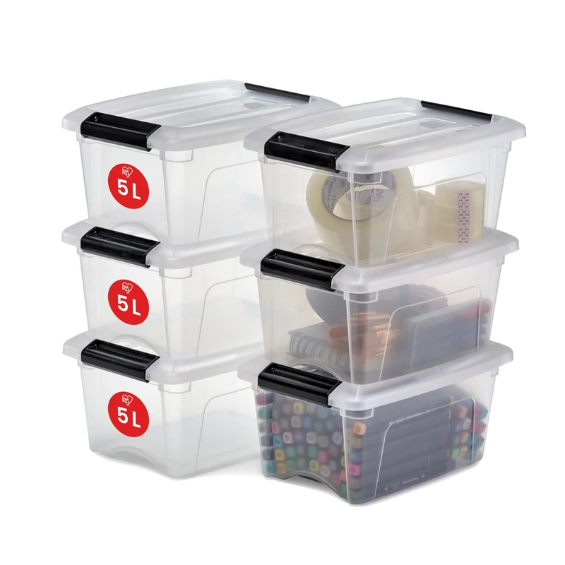 Iris Ohyama, Set of 6, Storage boxes, 5 L, with snap closure, stackable, living room, bedroom, garage - Current Top Box NTB-5 - Transparent
