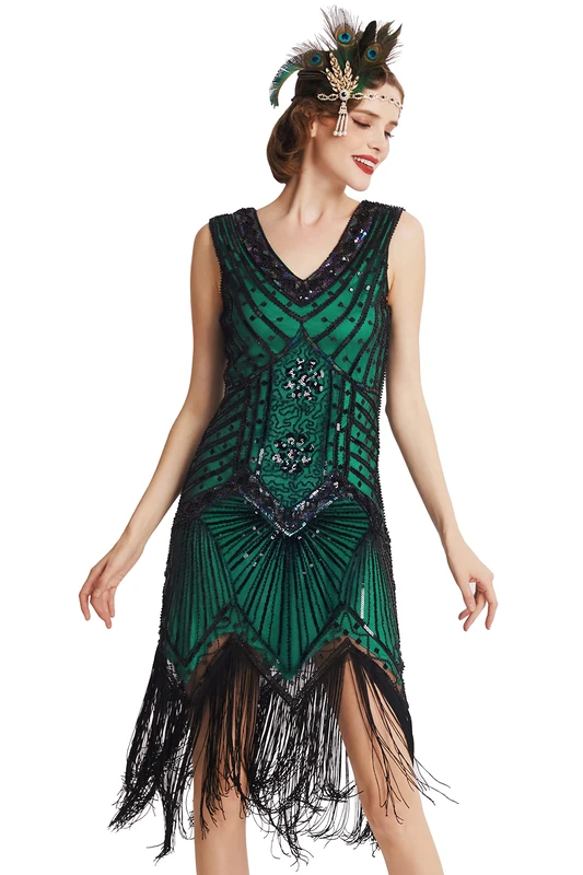 BABEYOND Women's Flapper Dresses 1920s V Neck Beaded Fringed Great Gatsby Dress (DarkGreen, M)