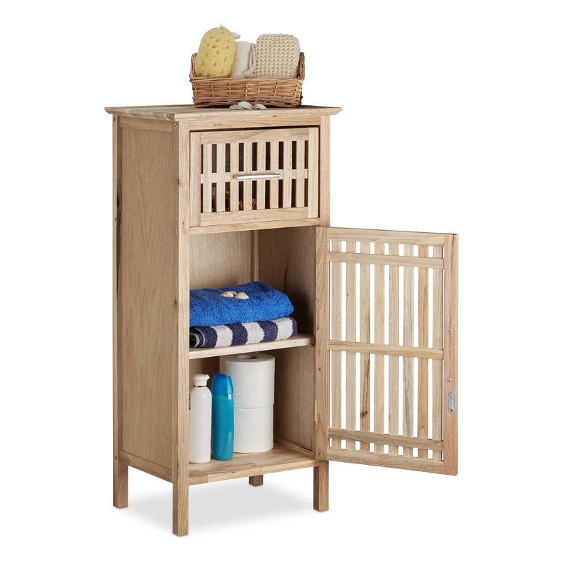 Relaxdays Walnut Bathroom Cabinet, Space-Saver, Niche Cupboard, Medium Wooden Sideboard 82 x 40 x 29 cm HxWxD, Natural