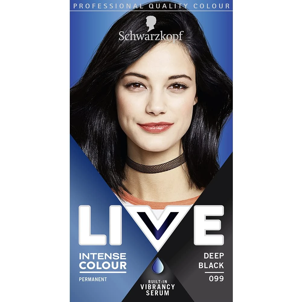 Schwarzkopf LIVE Intense Colour, Long Lasting Permanent Black Hair Dye, With Built-In Vibrancy Serum, Up To 100% Grey Coverage- Deep Black 099