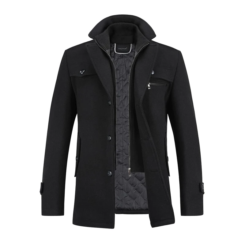YOUTHUP Mens Winter Wool Coat Hip-Length Thick Trench Coats Padded Warm Peacoat Casual Outwear, Black, XS