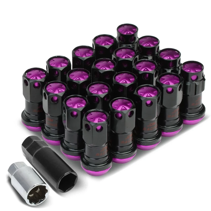 DNA MOTORING LN-ZTL-9016-125-PP 16Pcs M12 x 1.25 Closed End Wheel Lug Nuts + 4Pcs Lock Nuts + Key + Extension Adapter, 22mm OD/45mm Height, Purple Accents/Black Body