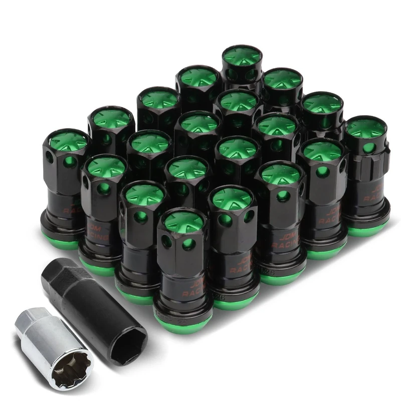 DNA MOTORING LN-ZTL-9016-125-GN 16Pcs M12 x 1.25 Closed End Wheel Lug Nuts + 4Pcs Lock Nuts + Key + Extension Adapter, 22mm OD/45mm Height, Green Accents/Black Body