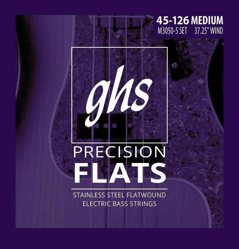 GHS Strings, 5-String Bass Precision Flats, Stainless Steel Flatwound, 37.25" Winding, Medium (.045.126) (M3050-5)