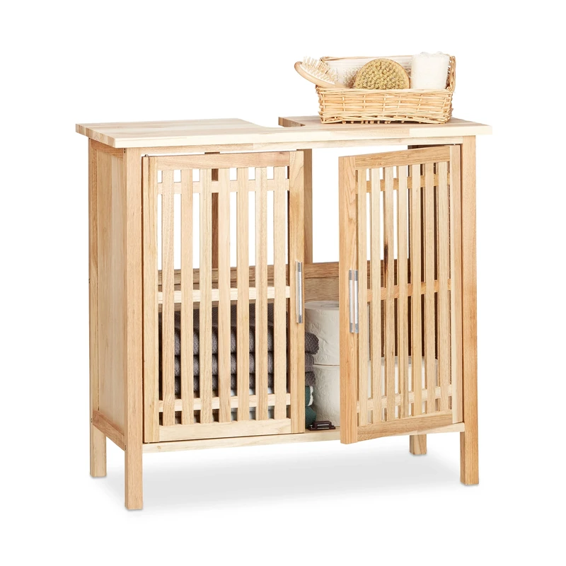 Relaxdays Under-Sink Cabinet Free Standing, Small Walnut Cupboard, Bathroom Wash Basin with Siphon Cut-Out, Natural