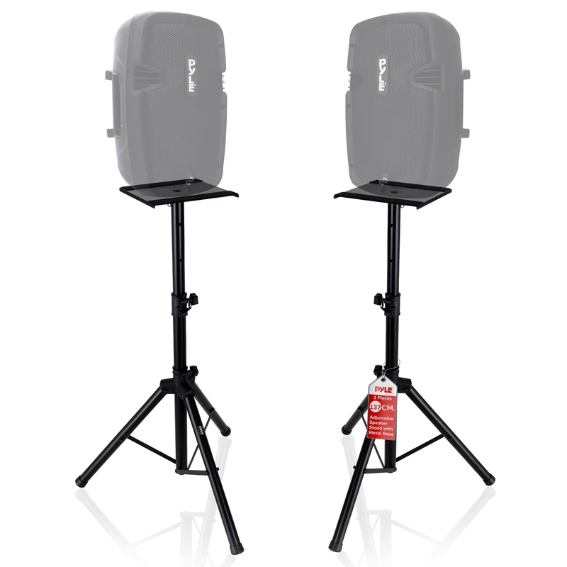 Pyle, Dual Studio Monitor, 2 Speaker Stand Mount Kit, Heavy Duty Tripod Pair, Adjustable Height Speaker Stands - 85 to 135 cm, Metal Platform Base - Easy Mobility Safety PIN for Structural Stability