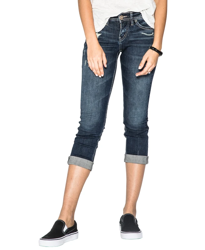 Silver Jeans Co. Women's Suki Mid Rise Capri Jeans, Dark Denimotion, 28 22.5