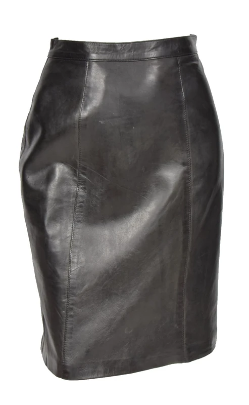 Womens Real Soft Leather Skirt Black Straight Fitted Pencil Skirt Back Vent Lucy (18)