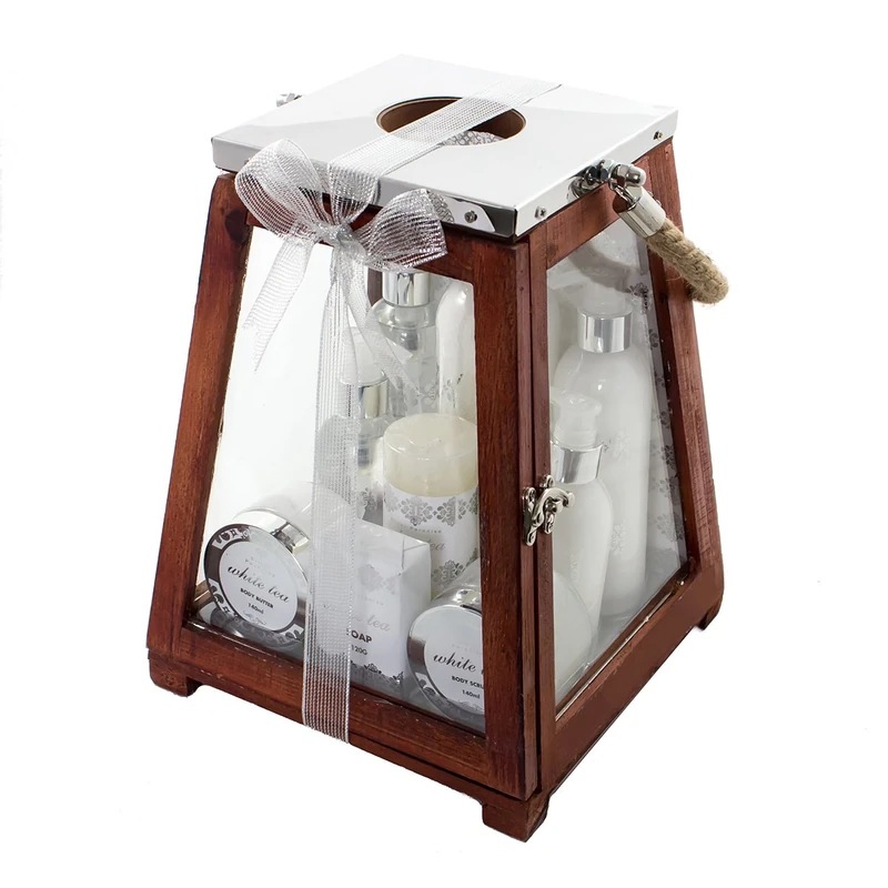 Accentra Women's Bath Set, Gift Set, 8 Wellness & Feel-Good Products in Soothing White Tea Fragrance & Candle Packed in a Large Wooden Lantern