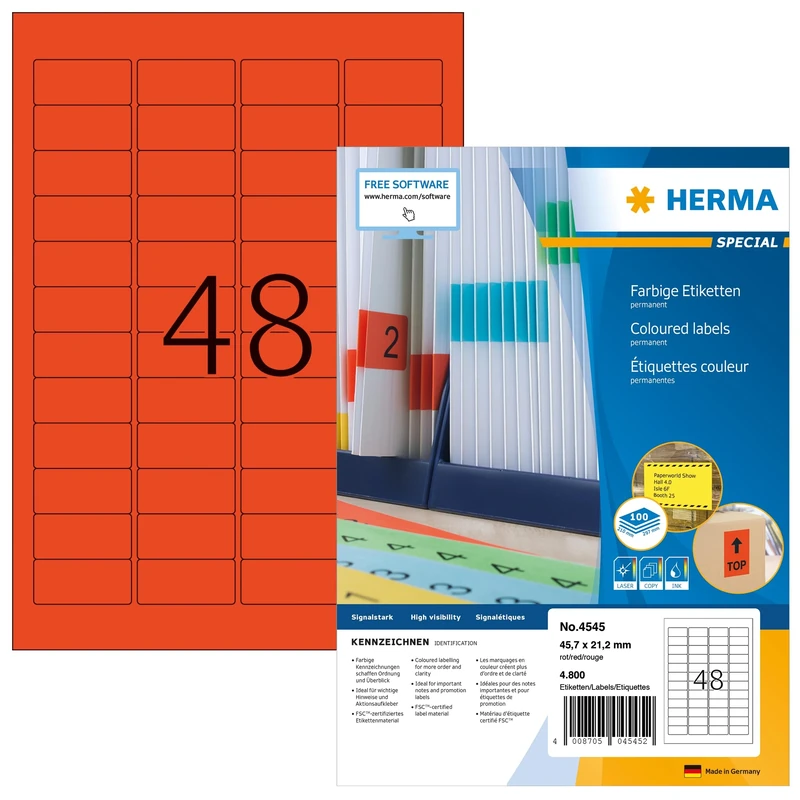 HERMA Self Adhesive Coloured Labels, 48 Labels per A4 Sheet, 100 Sheets, 45.7 x 21.2 mm, 4800 Labels, Blank Colour Labels Stickers, Sticky Labels for Laser & Inkjet Printer, Red