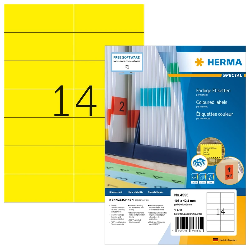 HERMA Self Adhesive Coloured Labels, 14 Labels per A4 Sheet, 100 Sheets, 105 x 42.3 mm, 1400 Labels, Blank Colour Labels Stickers, Sticky Labels for Laser & Inkjet Printer, Yellow