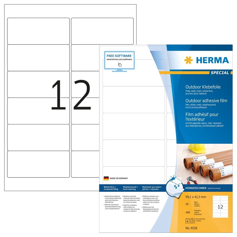 HERMA Self Adhesive Film Labels, 12 Labels per A4 Sheet, 40 Sheets, 99.1 x 42.3 mm, 480 Labels, Blank Weatherproof Labels Stickers, Sticky Labels for Laser & Inkjet Printer, White