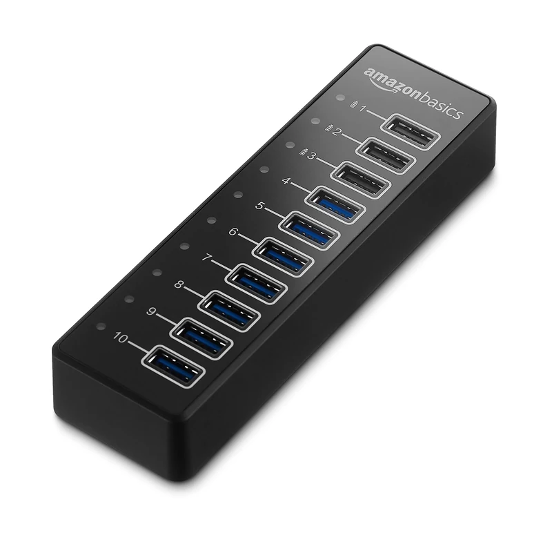 Amazon Basics 10-port hub converts 1 USB A 3.1 port into 10 ideal for charging and syncing smartphones and tablets supports Apple charging, Black