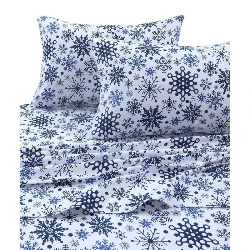 Tribeca Living Snowflakes Printed Flannel Deep Pocket Sheet Set, Multi, King