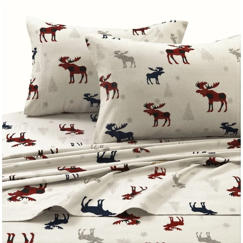 Tribeca Living 100% Cotton Flannel Sheet Set - Deep Pocket, 170-GSM, Ultra Soft & Cozy Bedding for Winter, Cal King, Plaid Moose