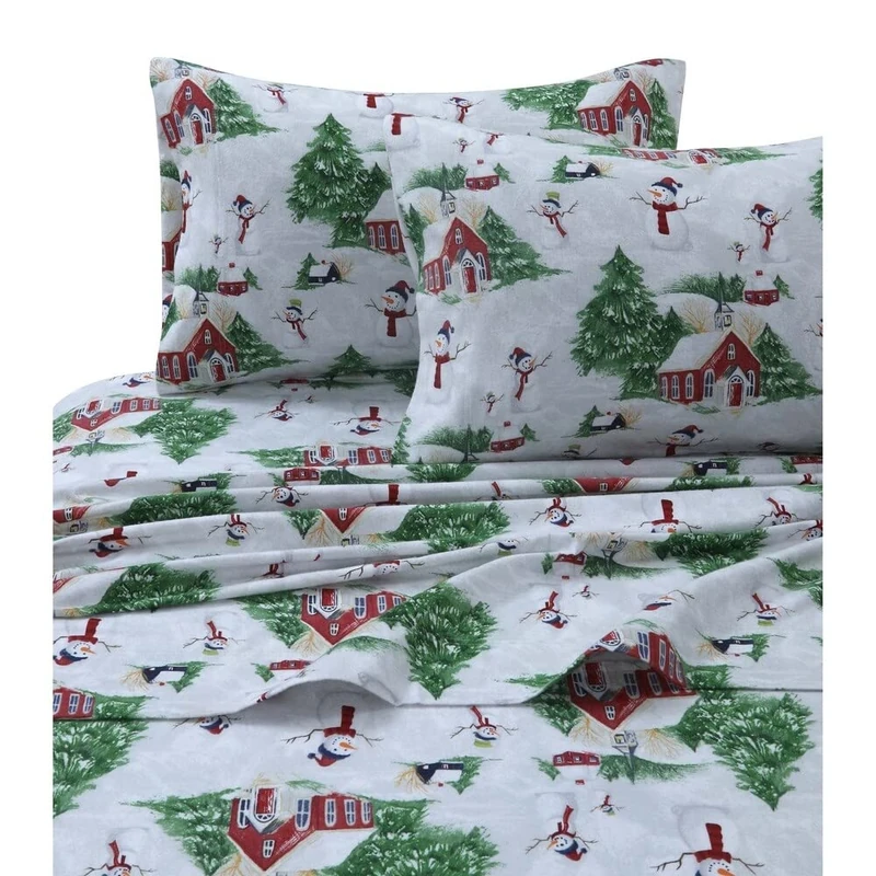 Tribeca Living 100% Cotton Flannel Sheet Set - Deep Pocket, 170-GSM, Ultra Soft & Cozy Bedding for Winter, Twin, Snowman Red/Green - Image 1