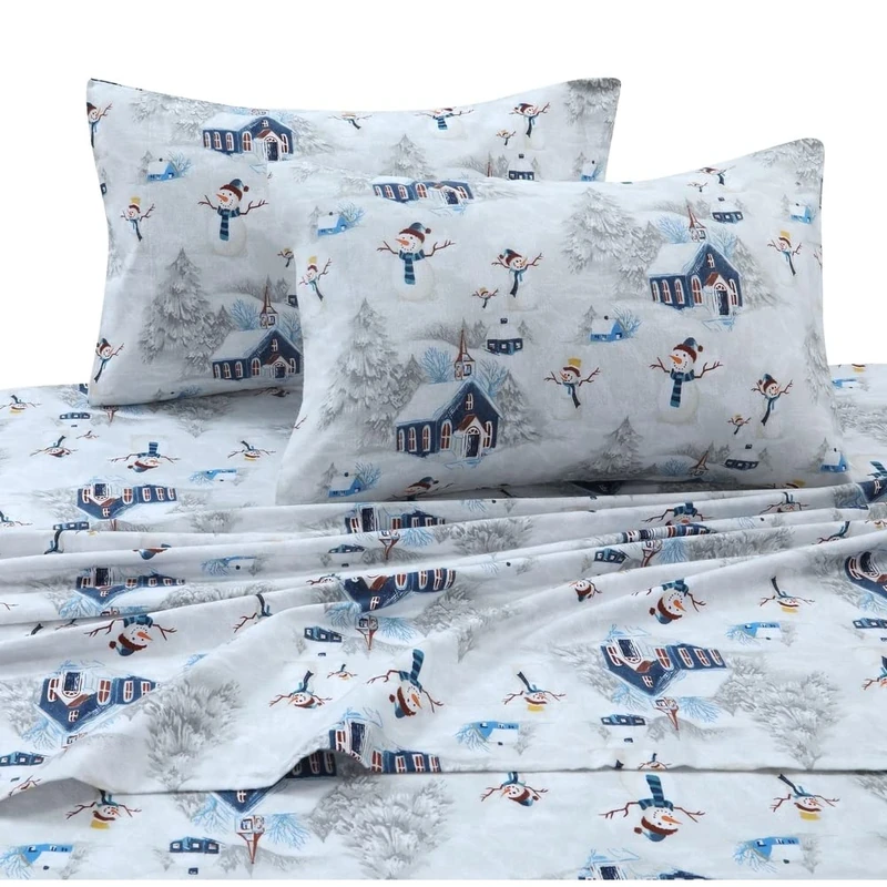 Tribeca Living 100% Cotton Flannel Sheet Set - Deep Pocket, 170-GSM, Ultra Soft & Cozy Bedding for Winter, King, Snowman Navy/Red