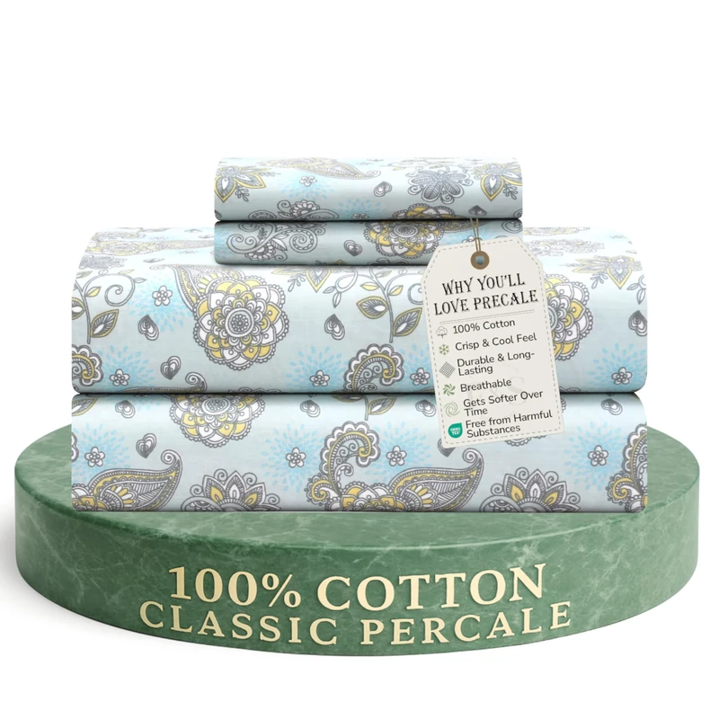 Feather & Stitch Softest 100% Cotton Sheets, 4 Pc Set, 300 Thread Count Percale Weave Bedding, 16" Deep Pocket, Cooling Sheets, Breathable Bed Set (King, Sheet Sets, Aqua Paisley)