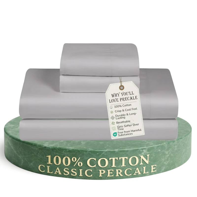 FEATHER & STITCH NEW YORK Softest 100% Cotton Sheets, 4 PC Set, 300 Thread Count Percale Weave Bedding, 16" Deep Pocket, Cooling Sheets, King Size Sheets, Breathable Bed Set (Grey)