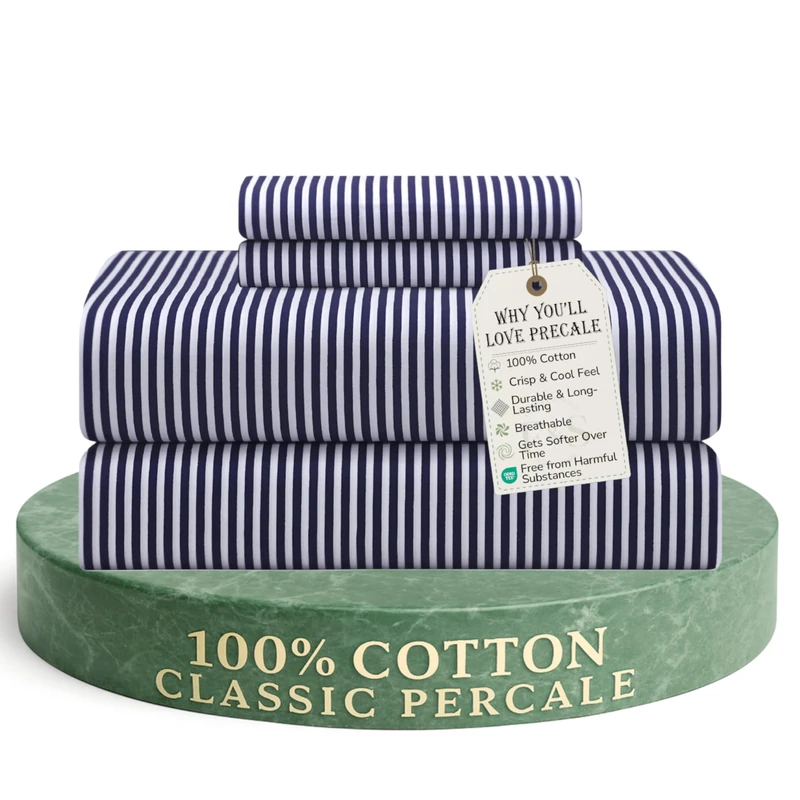 Feather & Stitch Softest 100% Cotton Sheets, 300 Thread Count Percale Weave Bedding, 16" Deep Pocket, Cooling Sheets, Breathable Bed Set, Hotel Premium Quality (King, Blue Stripe)