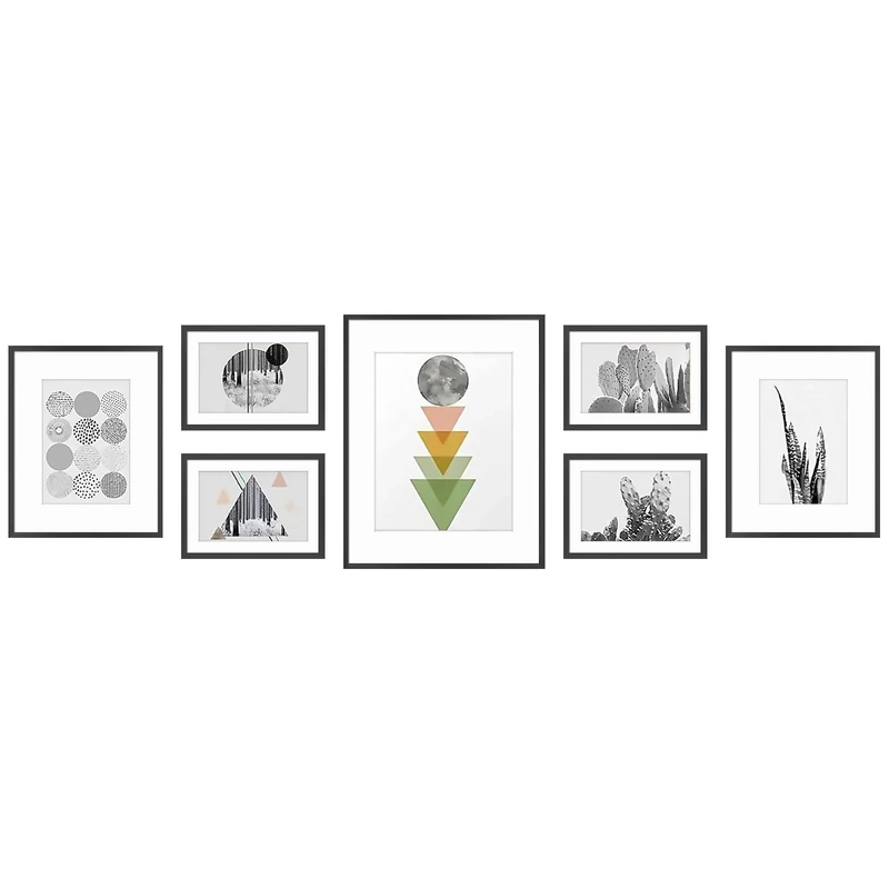 Golden State Art, Set of 7, Aluminum Photo Frame with Ivory Color Mat & Real Glass, Metal Wall Photo Frame Collection (Black)