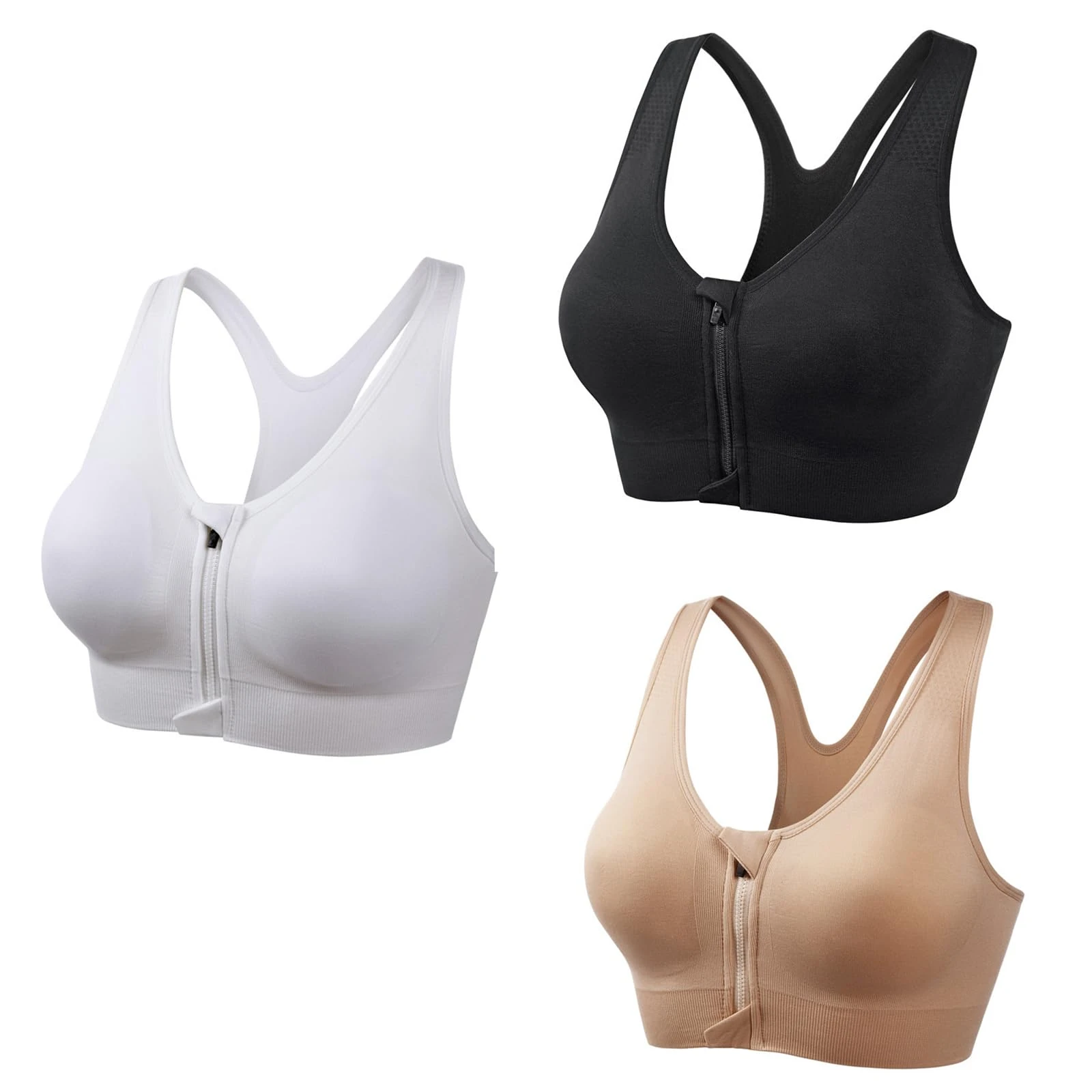 Hotgreenpepper 3 Pack Women's Sports Bra Zip Post Bra with Removable Pads (UK, Alpha, XL, Regular, Regular, Black+White+Nude)
