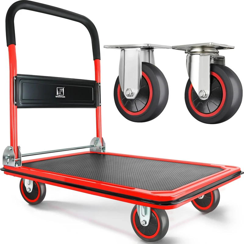 Wellmax Push Cart Dolly by | Functional moving platform + hand truck | Foldable for easy storage + 360-degree swivel wheels + 660lb weight capacity | Red colour