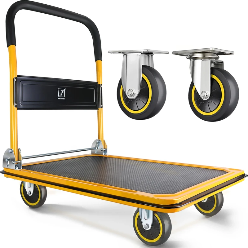 Wellmax Push Cart Dolly by | Functional moving platform + hand truck | Foldable for easy storage + 360-degree swivel wheels + 660lb weight capacity | Yellow colour
