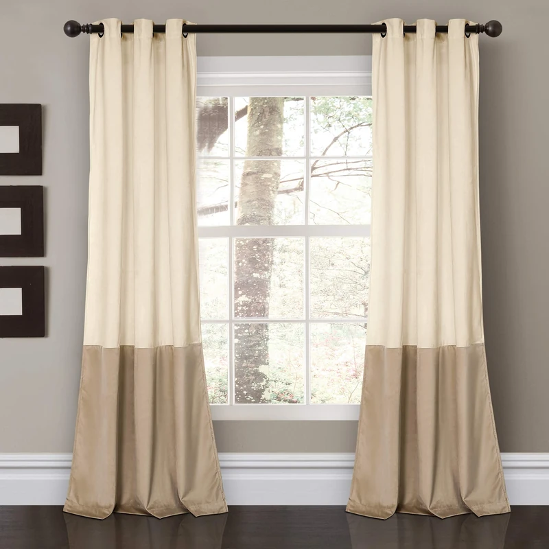Lush Decor Prima Velvet Curtains Color Block Light Filtering Window Panel Set for Living, Dining, Bedroom (Pair), 38" W x 84" L, Ivory & Taupe